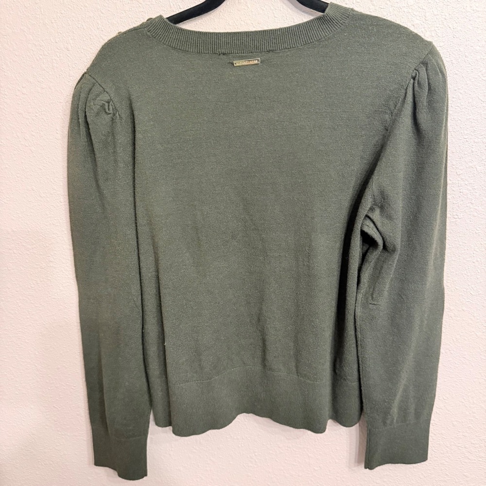 Michael Kors Womens XL Olive Green Puff Sleeve Button Shoulder Crewneck Sweater - Picture 4 of 7